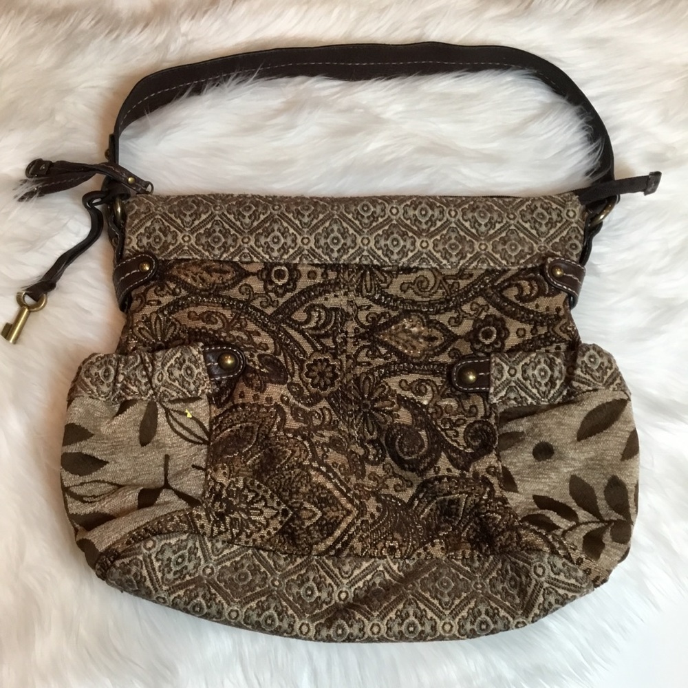 Fossil Brown Leather & Fabric Shoulder Bag